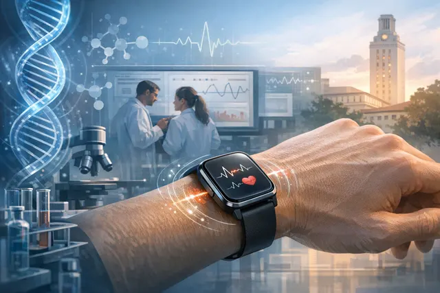 Futuristic smartwatch displaying continuous blood pressure waveform using bioimpedance sensing and physics-informed AI