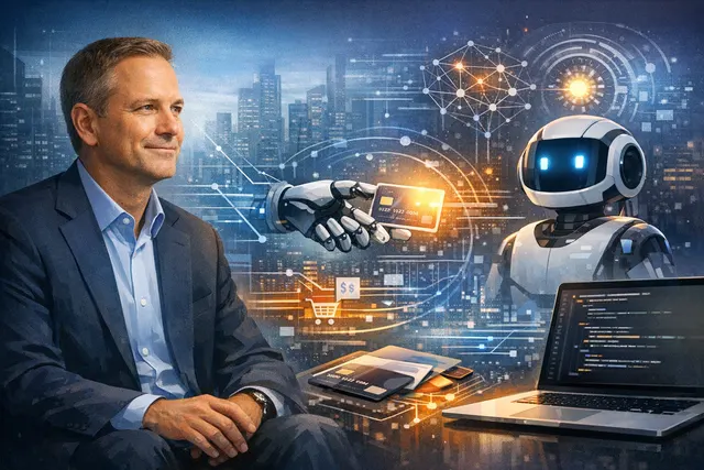 Visa and Replit logos connected by a digital payment flow, symbolizing the integration of payment infrastructure into an AI development environment.