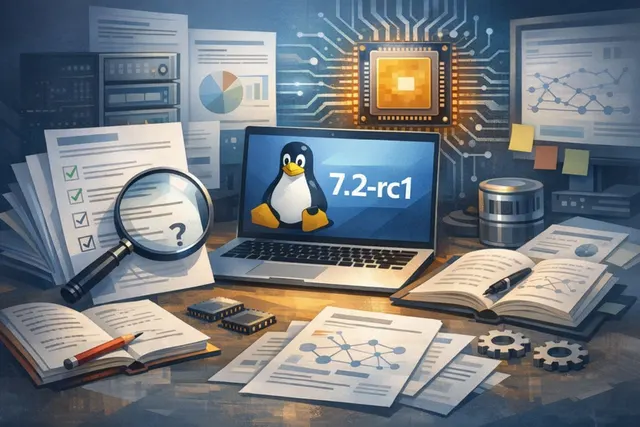 Abstract representation of the Linux kernel 7.2-rc1 release, showing cache-aware scheduling, HDMI 2.1 FRL, and AMD ISP4 driver.