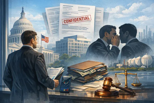 Editorial illustration of confidential financial information, stock trading and a major utility acquisition investigation