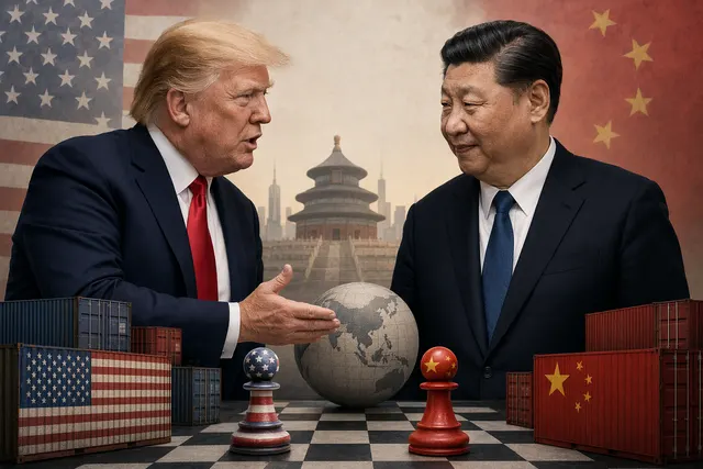 Editorial illustration of U.S. President Donald Trump and Chinese President Xi Jinping meeting in Beijing during the 2026 summit