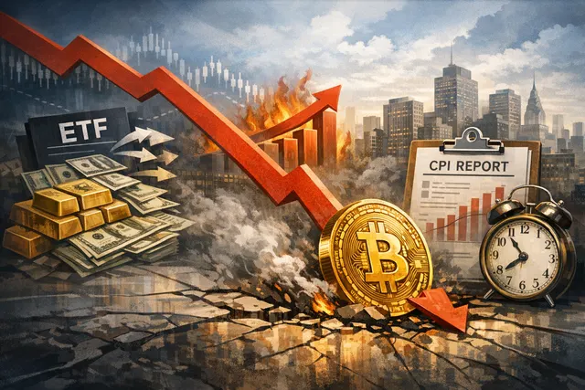 Digital illustration of a declining Bitcoin under a dark, stormy financial sky, with a downward red arrow and graphs reflecting a sell-off.