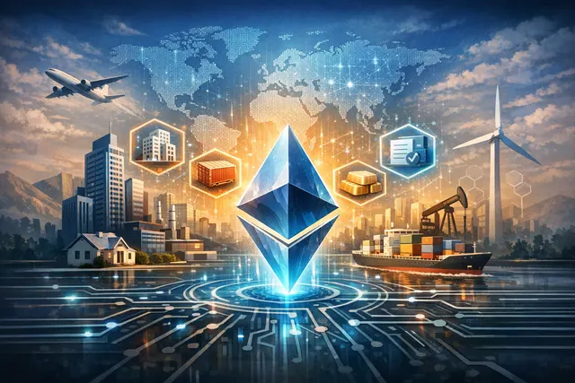 Abstract digital visualization representing Ethereum blockchain tokenization of real-world assets under the new ERC-7943 standard
