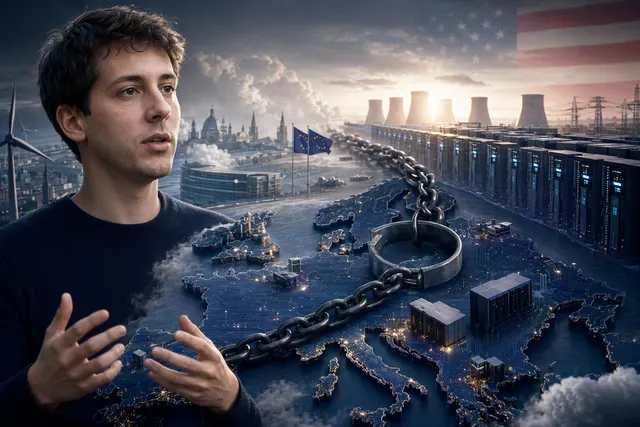 Conceptual illustration of Europe's AI infrastructure race involving chips, energy, and data centres
