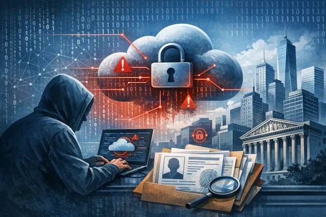 Editorial illustration of a phone-based social-engineering attack accessing a financial company’s cloud data