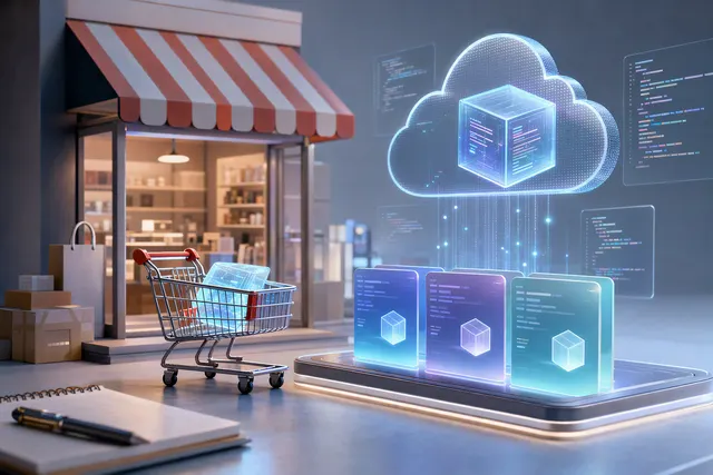 Editorial illustration of AI coding tokens sold through an e-commerce storefront