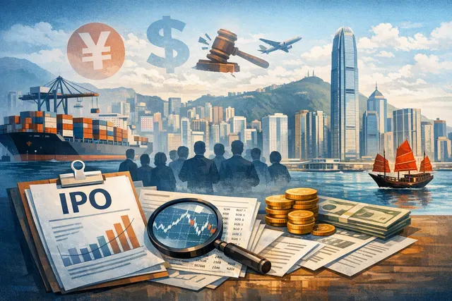 Editorial illustration of Shein’s Hong Kong IPO, showing a valuation reset, share offering and market debut