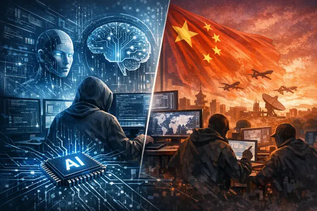 Abstract illustration of AI systems connected to a global cyberattack network