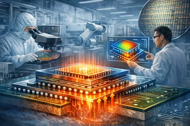 Εννοιολογική απεικόνιση FOPLP με chip, στρώσεις RDL και διαδρομές απαγωγής θερμότητας