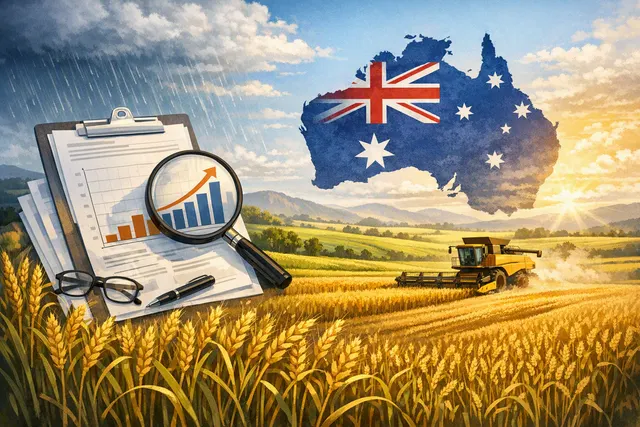 Golden Australian wheat field under rain clouds, illustrating the upgraded 2026–27 crop forecast and global grain supply pressures