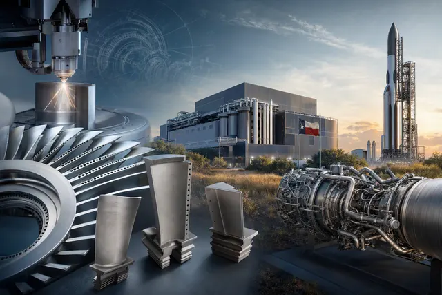 Editorial illustration of gas-turbine blade manufacturing and AI data-center power infrastructure