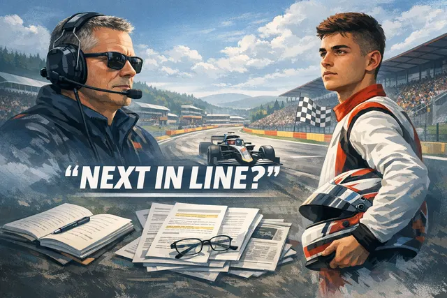 Nikola Tsolov in a Racing Bulls garage, background features F1 paddock elements and championship graphics