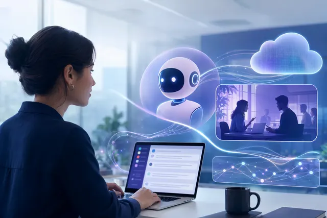 Illustration of AI agents operating inside Slack as part of a Salesforce-powered enterprise workspace