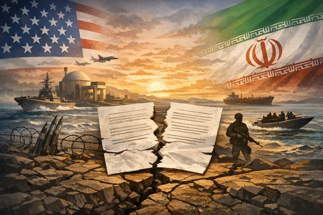Illustration of the failed 14-point U.S.-Iran memorandum, with diplomatic documents, naval vessels and the Strait of Hormuz