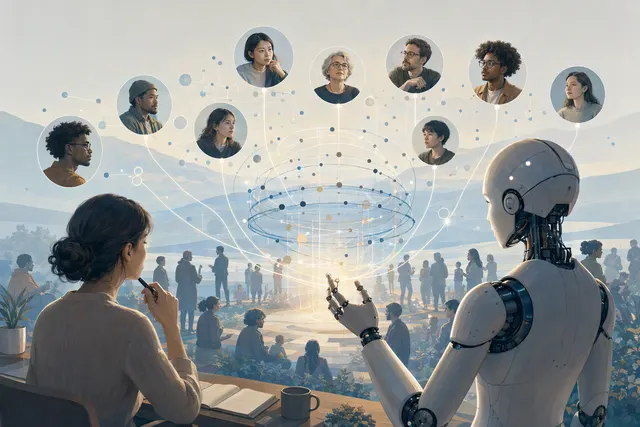 Editorial illustration representing real-person-managed digital twins providing human insight to AI systems