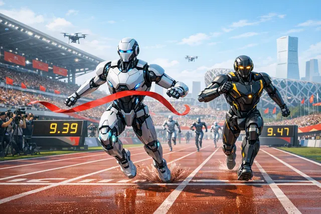 Humanoid robots racing in a Beijing stadium during the World Humanoid Robot Games