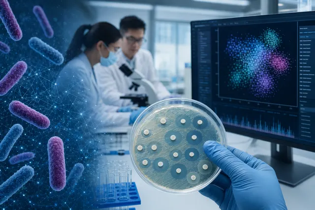 Concept illustration of AI analyzing multiple antibiotic combinations to identify the best treatment for drug‑resistant bacteria