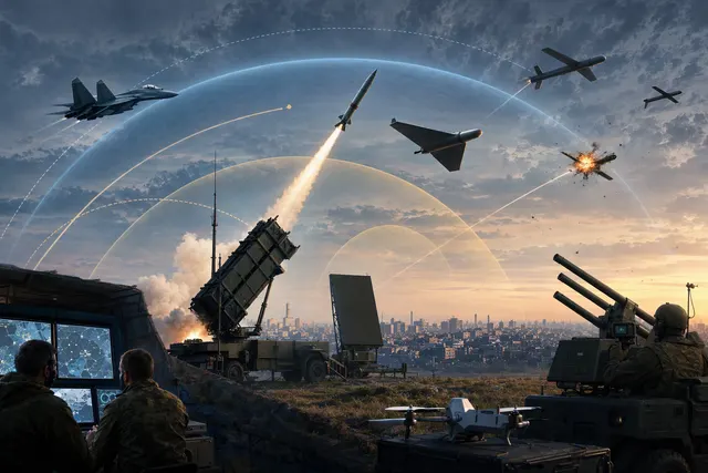 Illustration of Ukraine’s air-defense challenge, including Patriot missiles and drone interception