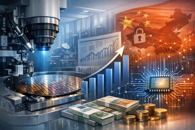 Illustration of ASML EUV lithography equipment powering AI chip production, with market and China risk themes