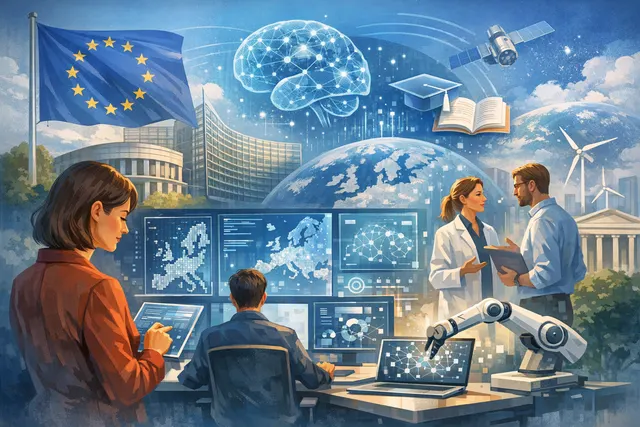 Abstract digital illustration of a European Union flag made of interconnected AI neural network nodes and circuit patterns, representing the EUROPA frontier AI project.