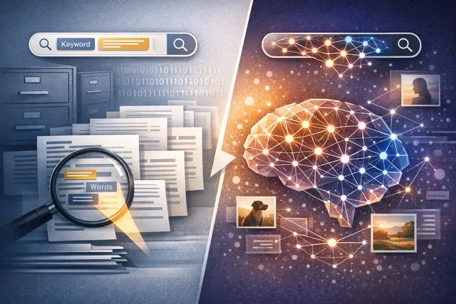 Illustration comparing semantic search and keyword search concepts with neural network imagery