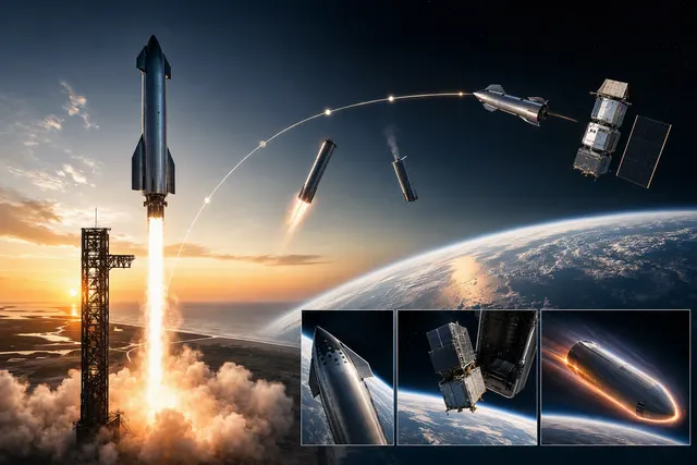 Illustration of SpaceX Starship launching on an orbital mission carrying Starlink satellites