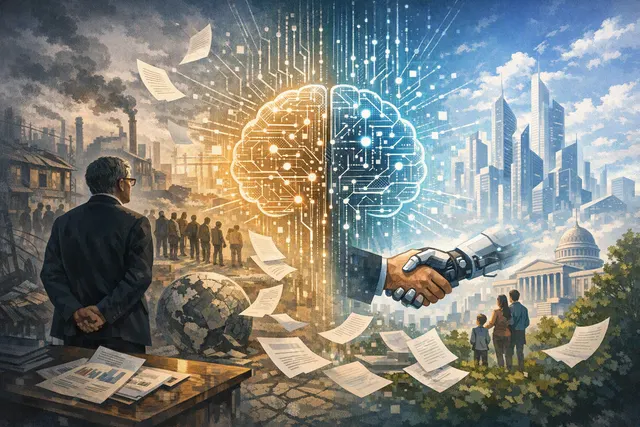 Editorial illustration of artificial intelligence disrupting jobs and society, representing Bill Gates’s warning about AI risks