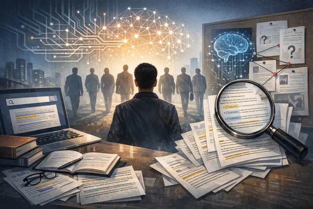 Conceptual illustration of AI researchers leaving Google DeepMind for rival labs, with reasoning technique nodes connecting them.