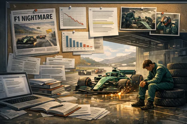AI-generated editorial hero image for Aston Martin's disastrous 2026 F1 season analysis
