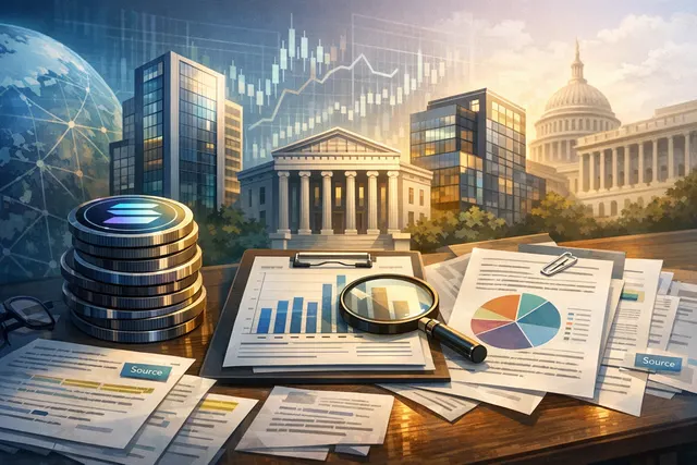 Editorial illustration showing five arrows representing public companies collectively holding over $1 billion in Solana, with SOL price chart background