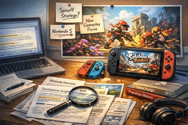 Splatoon Raiders key art with mechanic protagonist and Deep Cut trio on the Spirhalite Islands