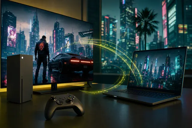 Illustrative Cyberpunk 2077-themed artwork for the Xbox Play Anywhere and Update 2.5 story