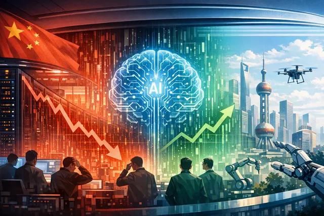 Editorial illustration of DeepSeek-V4, Huawei AI chips and global technology markets