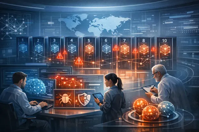 Abstract editorial illustration of AI models comparing cybersecurity vulnerability findings