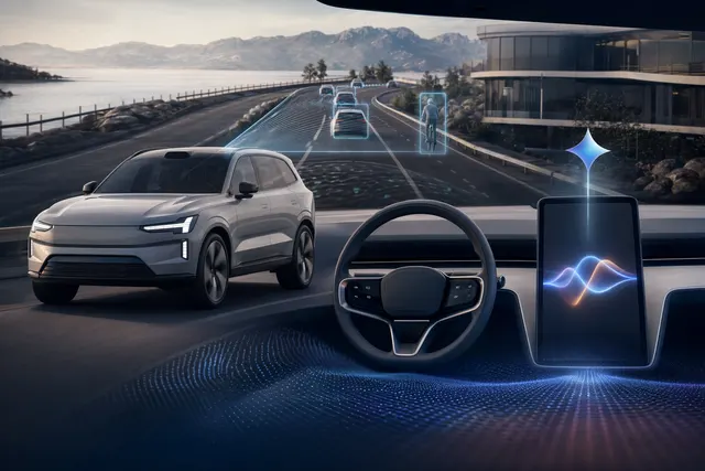 Volvo EX60 electric SUV with Gemini AI concept showing camera vision and navigation overlays