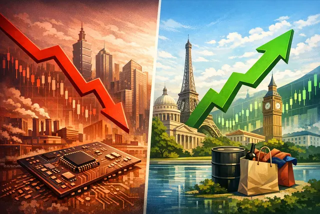 A stock market display showing European indices in green while Asian indices are in red, representing market divergence.