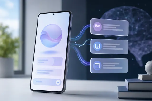 AI-generated illustration of a Google COSMO Android AI assistant concept on a smartphone