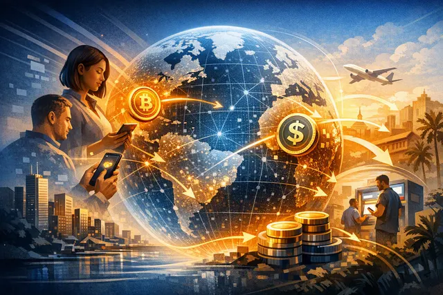 Abstract digital illustration representing Mastercard's Crypto Credential as a trust layer connecting cross-border stablecoin payments, with blockchain nodes and payment flow lines