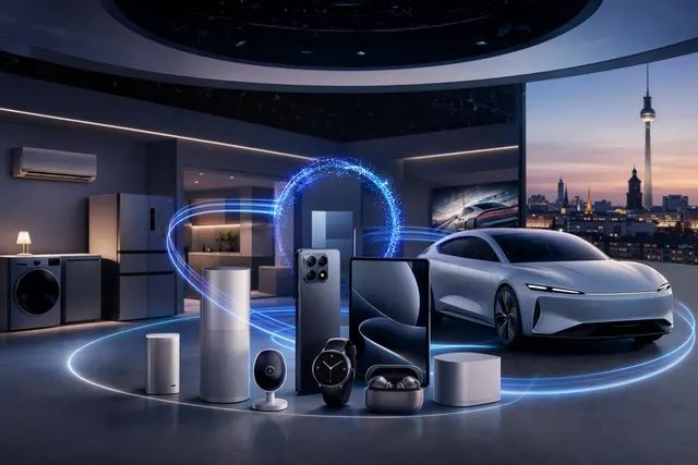 Editorial illustration of Xiaomi’s connected Human × Car × Home ecosystem at IFA 2026