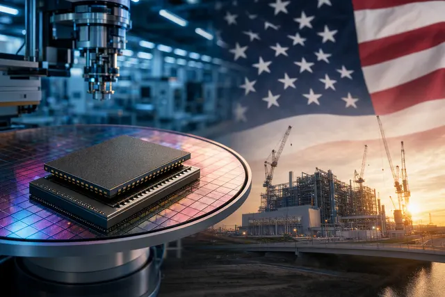 Editorial illustration of SK Hynix and Intel discussing U.S. memory-chip production