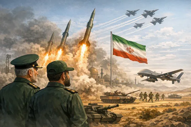 Editorial illustration of Iran’s shift toward broader retaliatory military operations and the strategic importance of the Strait of Hormuz