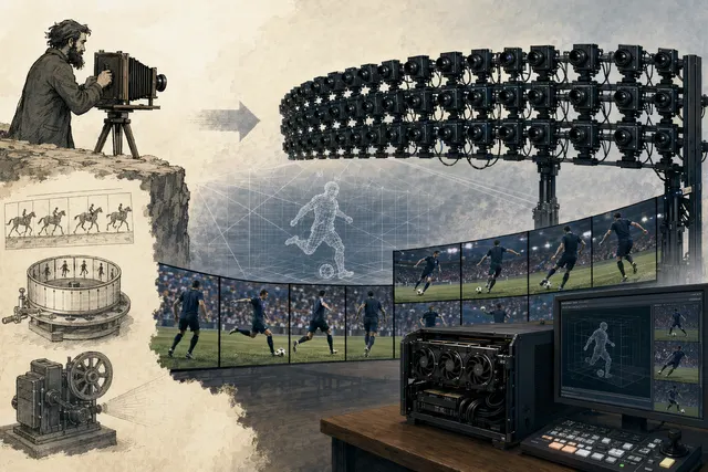 Concept illustration of a software-defined camera system using sensor arrays and virtual viewpoints for sports broadcasting