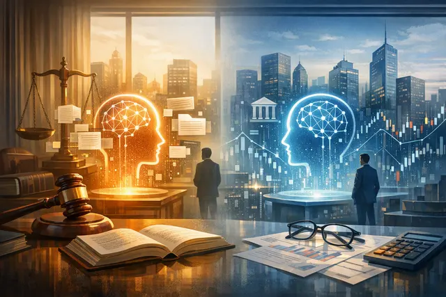 Abstract editorial illustration of AI agents connecting legal and financial services workflows