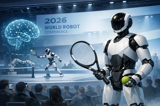 Illustration of Galbot ET1, a bipedal humanoid robot, preparing to play tennis