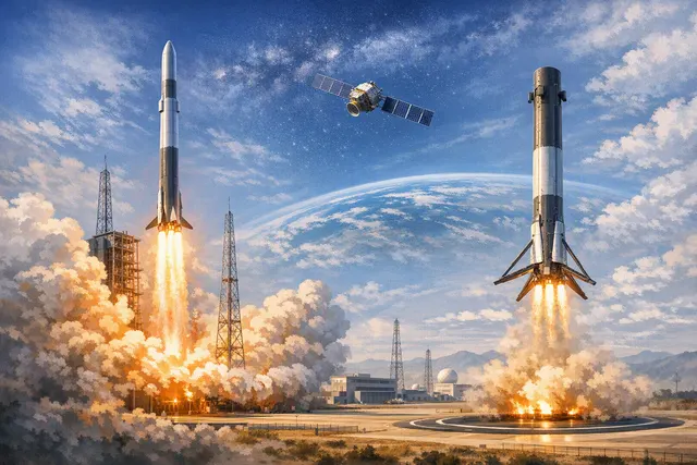 Editorial illustration of LandSpace’s Zhuque-3 reusable rocket descending toward a landing pad in China