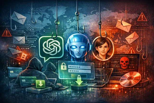 Conceptual image of AI platform logos like ChatGPT and Claude being used as bait on a phishing hook, representing the social engineering campaigns detailed in Microsoft's June 2026