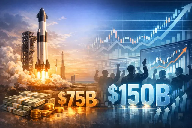 SpaceX IPO artwork showing a stock ticker and rocket launch above a futuristic cityscape