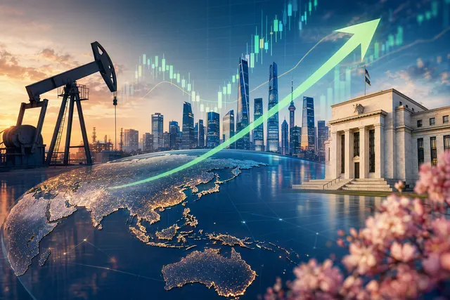 Asian stock market rally concept showing rising charts linked to falling oil prices and Treasury yields