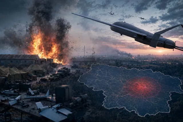 Illustration of a mid-range military drone strike targeting a command facility