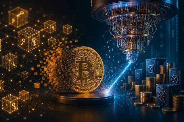 Concept illustration of Bitcoin exposed to future quantum computing risk
